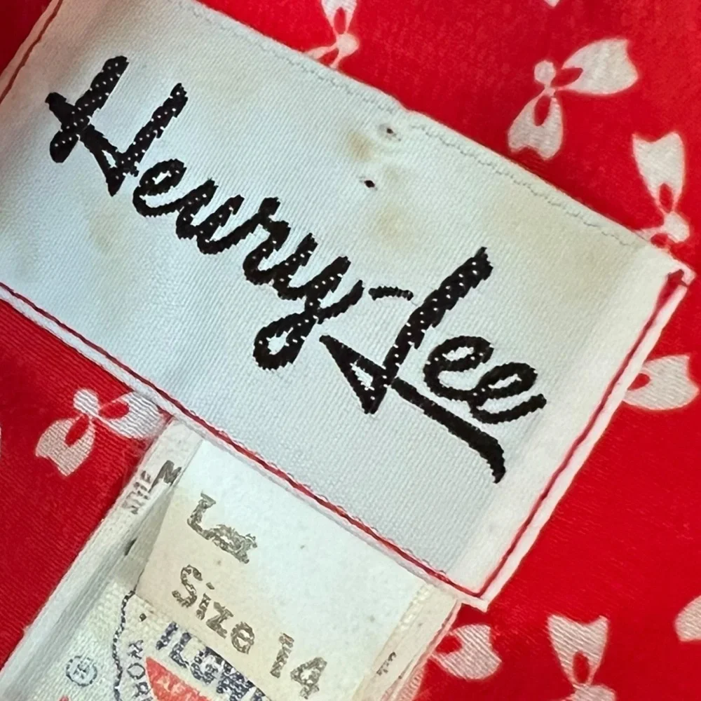 Henry Lee Vintage Red Bow Print Dress Union Made Size 14 Belted Full Skirt‎